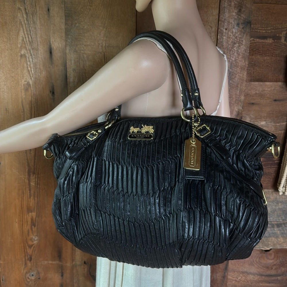 Coach black leather gathered satchel shoulder bag Madison Sophia gold logo 15947